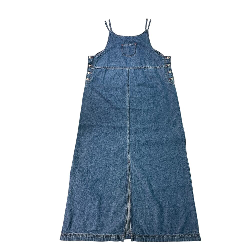 Expression 50 Denim Jumper Dress Womens L Blue Excellent Maxi Pinafore Slit